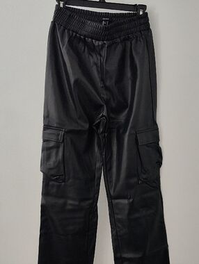 Womens Black Faux Leather Cargo Pants